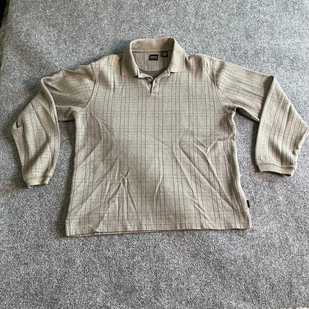 Arrow USA 1851 Mens Long Sleeve‎ Polo Shirt Tan Striped Textured Cotton Blend M